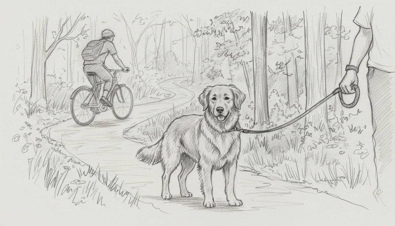 Sketch of dog on leash held by person standing on forest path, blurry bicycle in background.