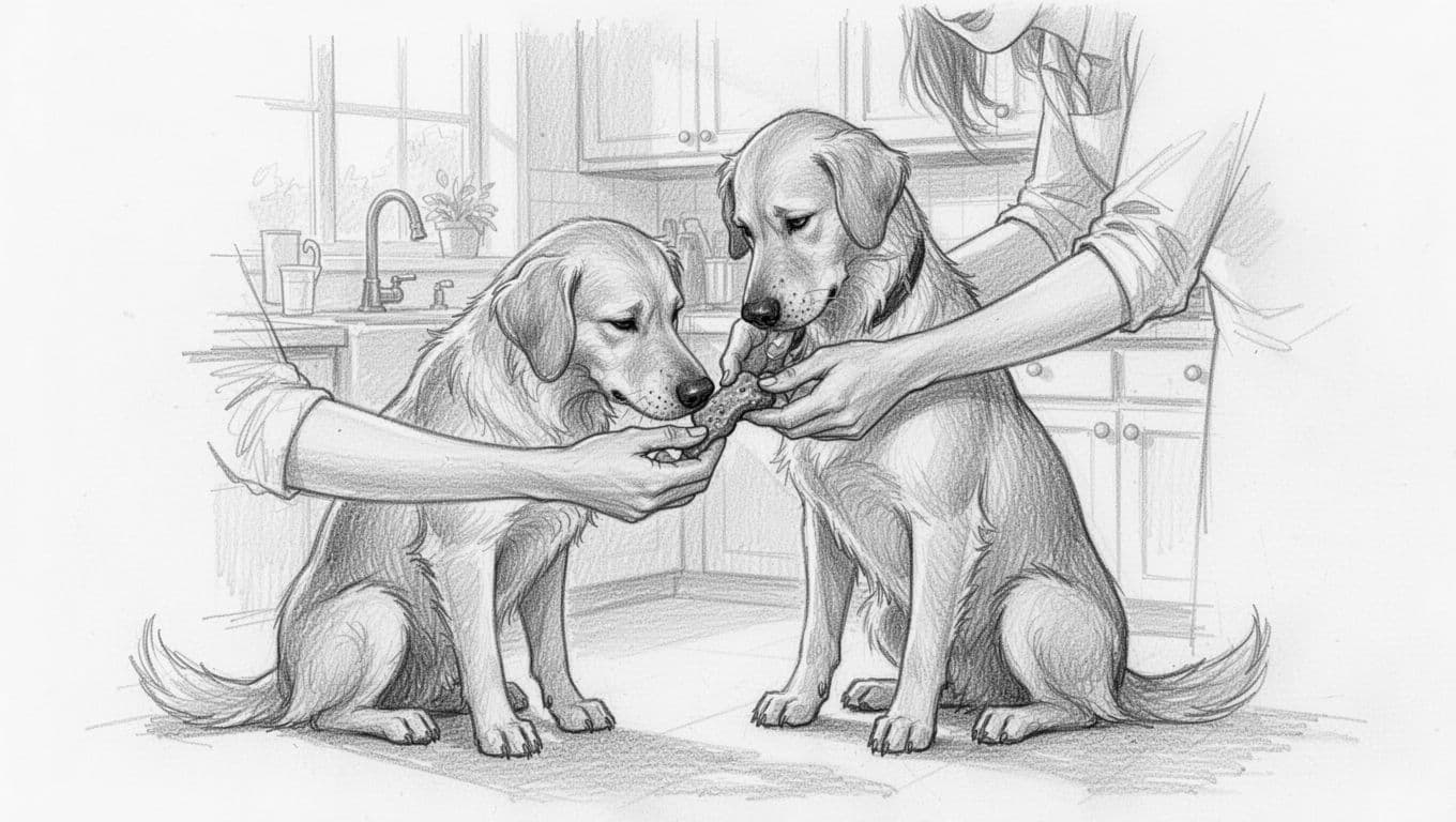 Woman loosely holds treat for her sitting dog with lowered head in kitchen background, graphite sketch.