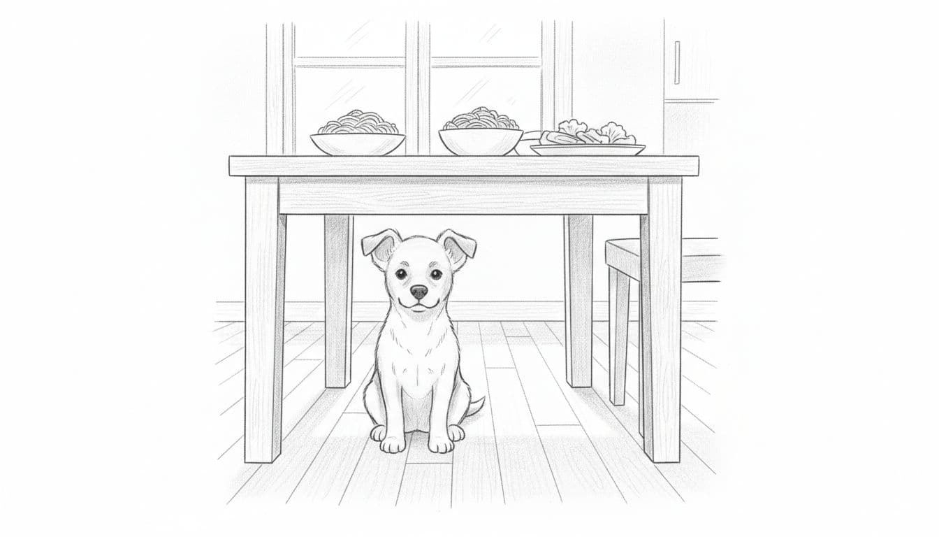 Graphite sketch of a calm dog sitting under kitchen table with food plates above, ears perked.