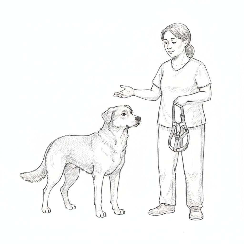 A graphite drawing shows a calm dog standing beside a person holding a dog harness.