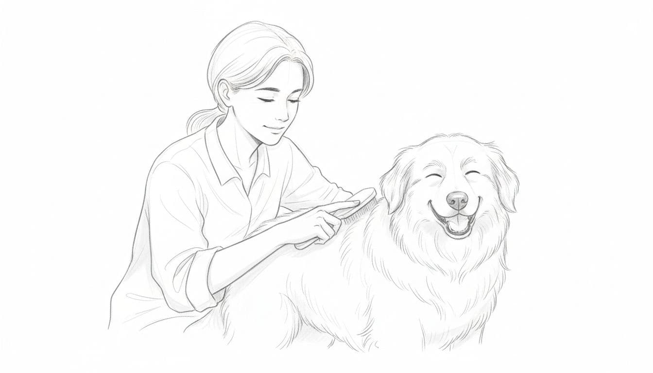 A graphite pencil sketch showing a calm person gently brushing a content dog.
