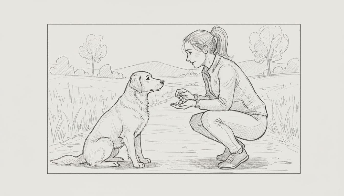 Graphite sketch of person and dog by path, both looking at each other, hand holding treats.