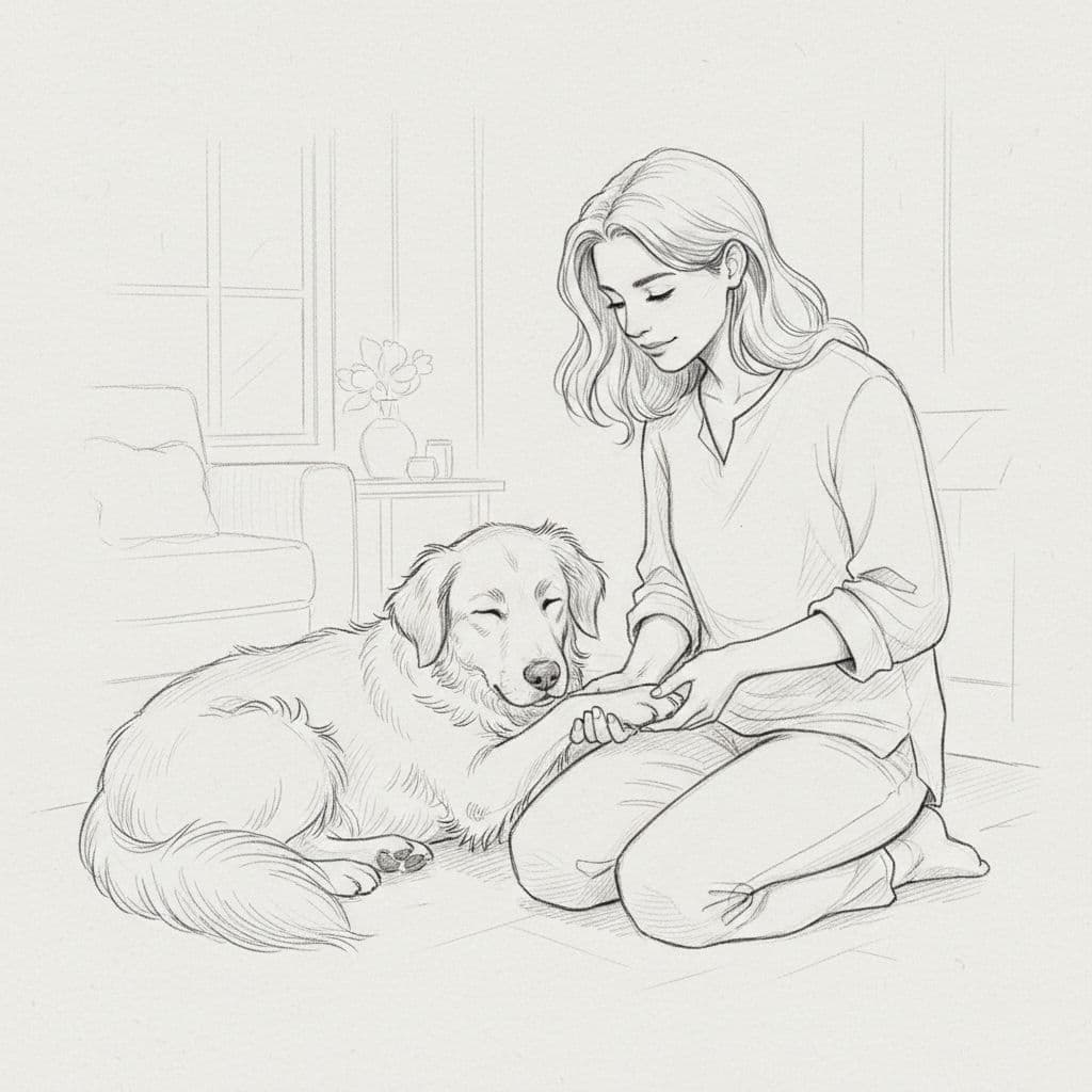 A graphite drawing shows a person calmly holding a dog's paw in a gentle, peaceful gesture.