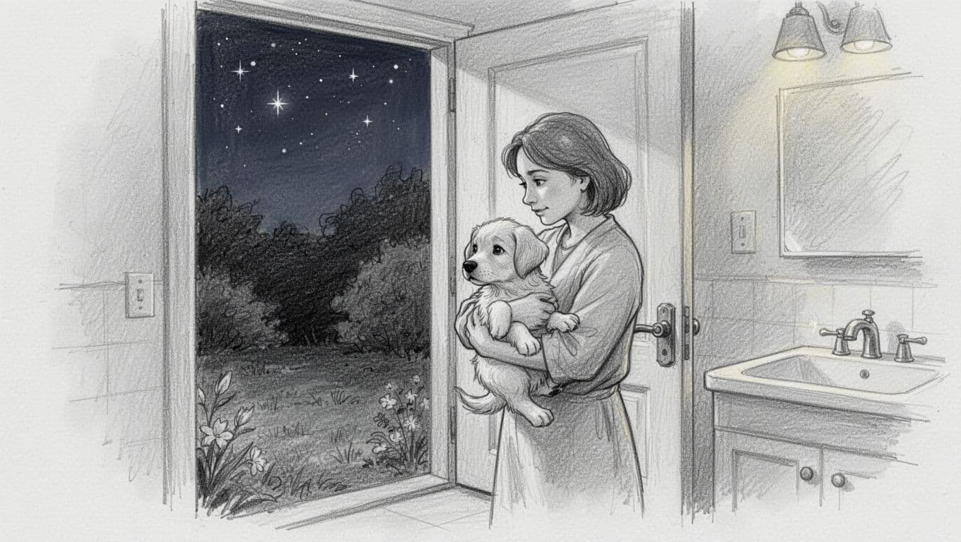 Graphite sketch of person holding small puppy while opening house door to dark starry garden.