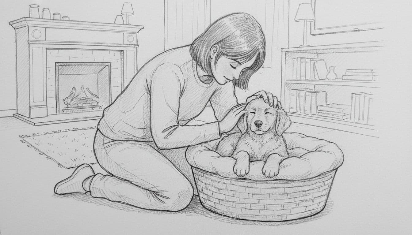 Person kneels beside puppy in soft basket, gently stroking it in evening-lit living room.