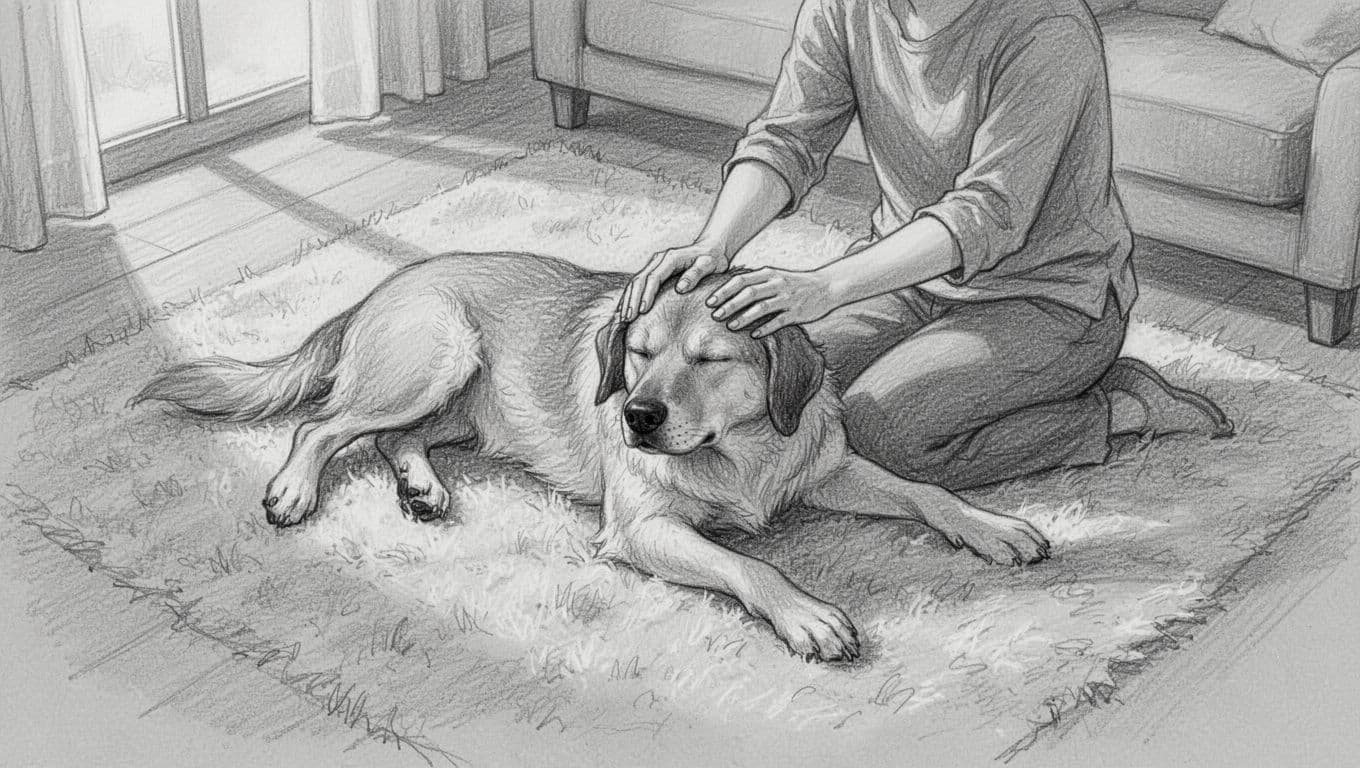 Bird's-eye view sketch shows person stroking lying dog's head on living room carpet, dog relaxed with closed eyes.