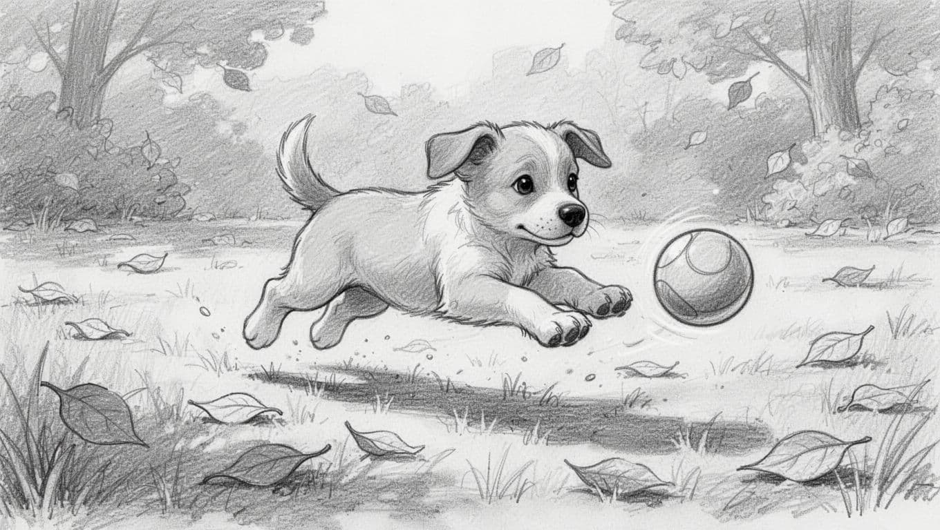 Graphite line sketch of puppy mid-jump chasing ball amid grass and leaves.