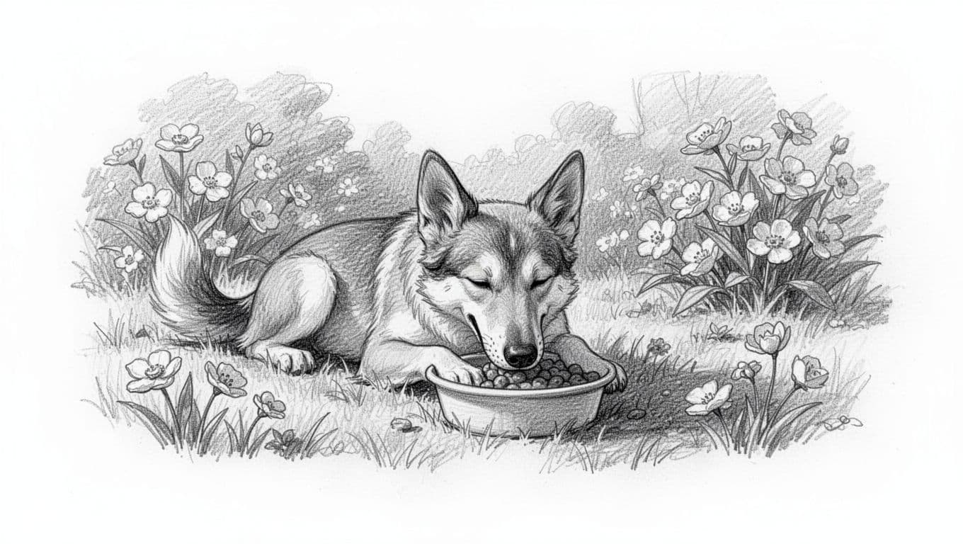 Graphite sketch of contented dog eating from bowl in grassy garden with flowers.