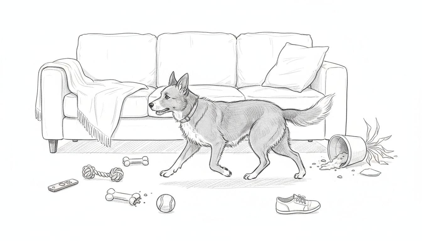 Side-view sketch of medium-sized dog with perked ears and wagging tail pacing amid sofa and toys.