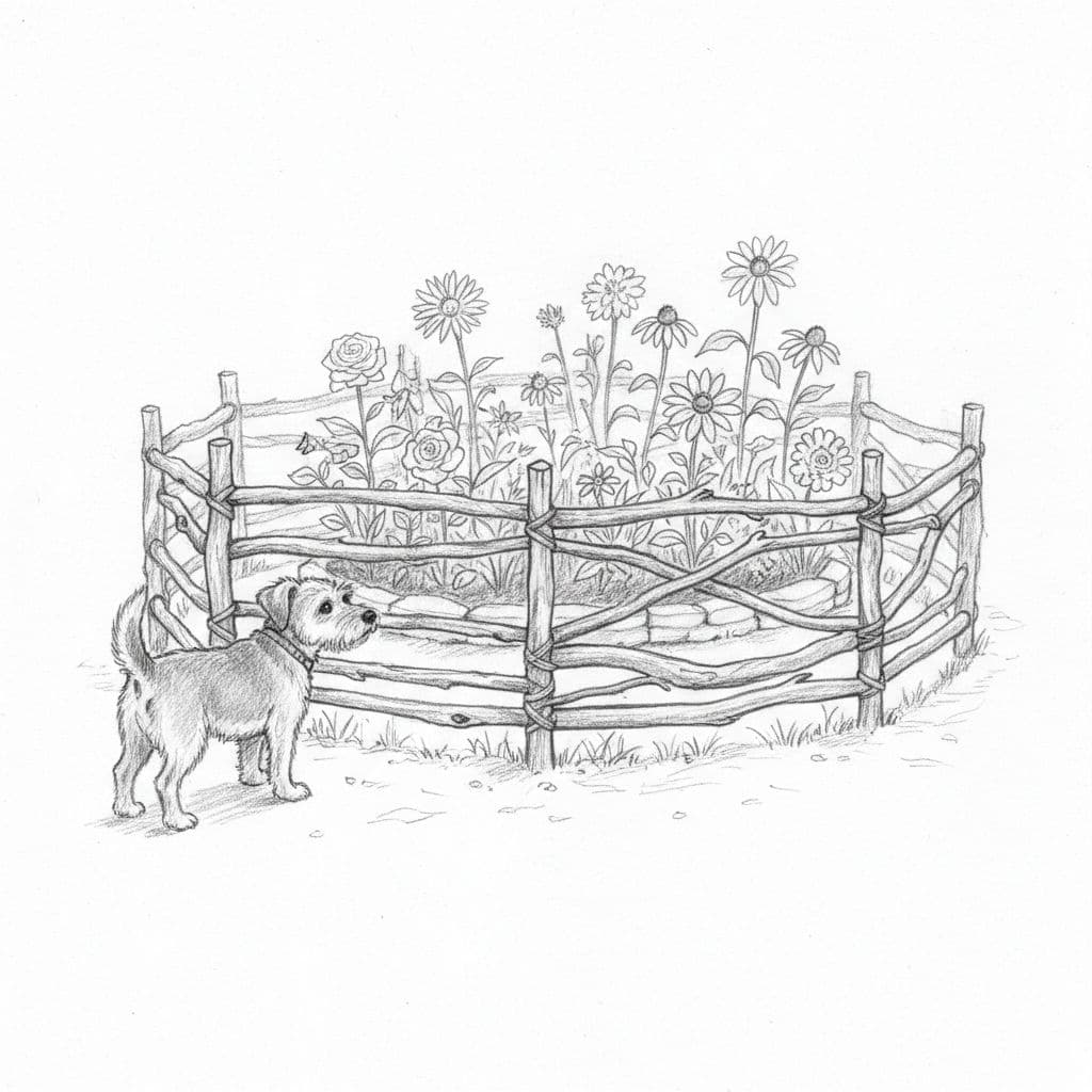 A graphite drawing shows a small dog looking at a rustic wooden branch fence protecting flower beds.