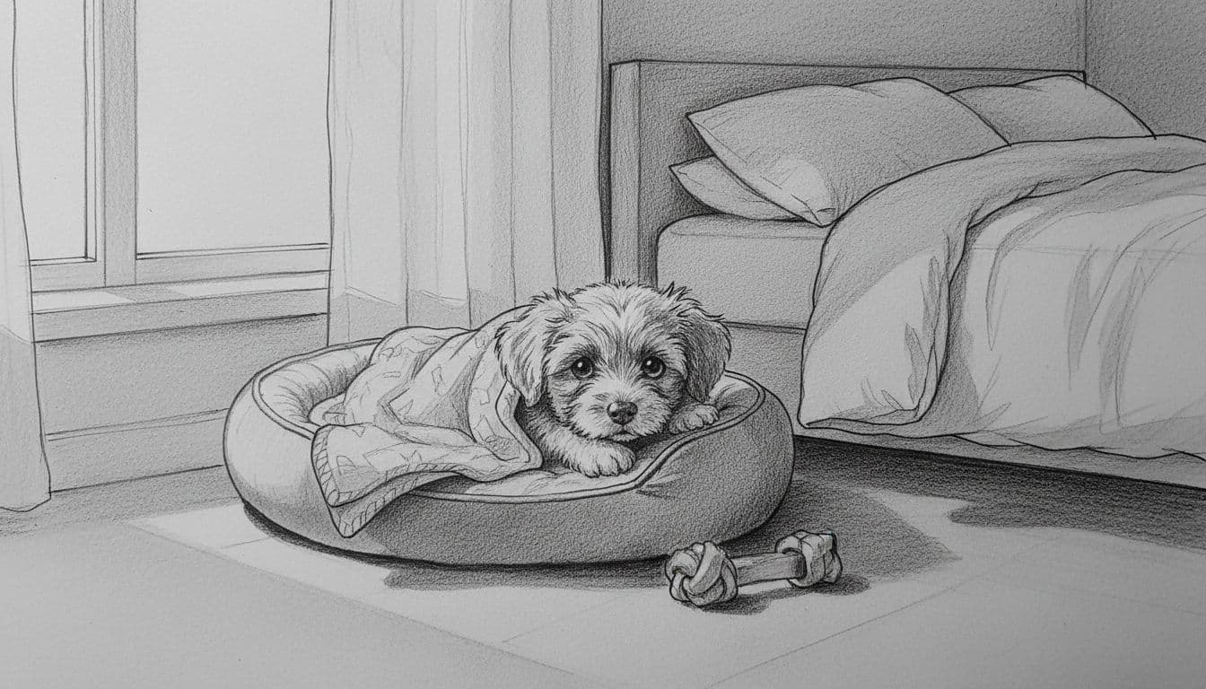 Graphite line sketch of a lonely puppy with sad eyes in a cozy dog bed near the owner's bed, soft moonlight through window.