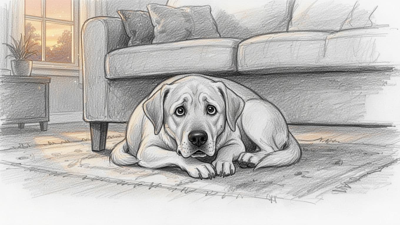Hand-drawn sketch of a frightened Labrador under a sofa, ears back, tail tucked, in evening-lit living room.