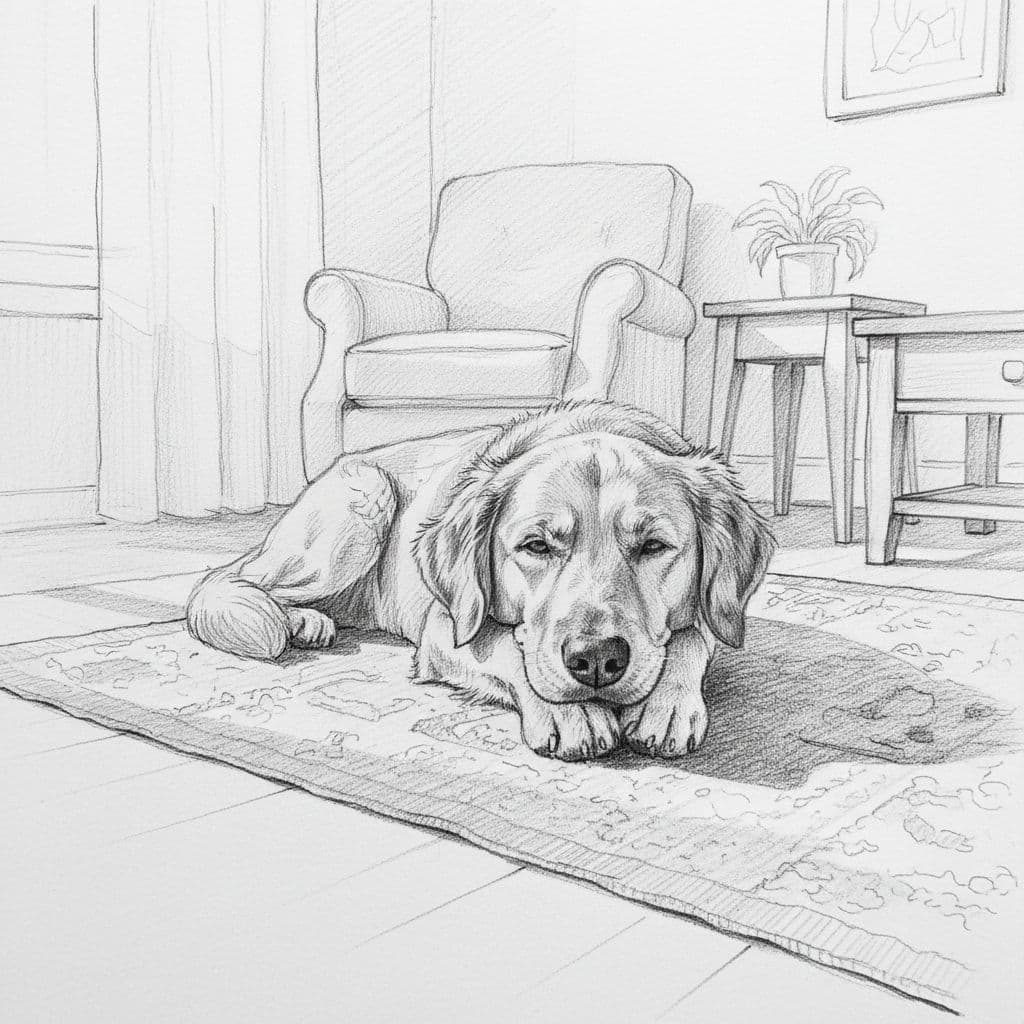 A graphite drawing shows a calm dog lying peacefully on a rug in a living room.