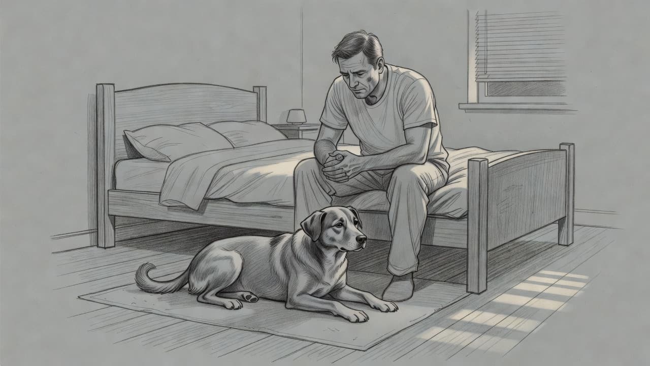Eine detailreiche Graphitzeichnung zeigt einen Menschen, der nachdenklich auf der Bettkante sitzt und nachts seinen Hund beobachtet. Der Raum ist in schummriges Licht getaucht, während feine Schraffuren Tiefe erzeugen.