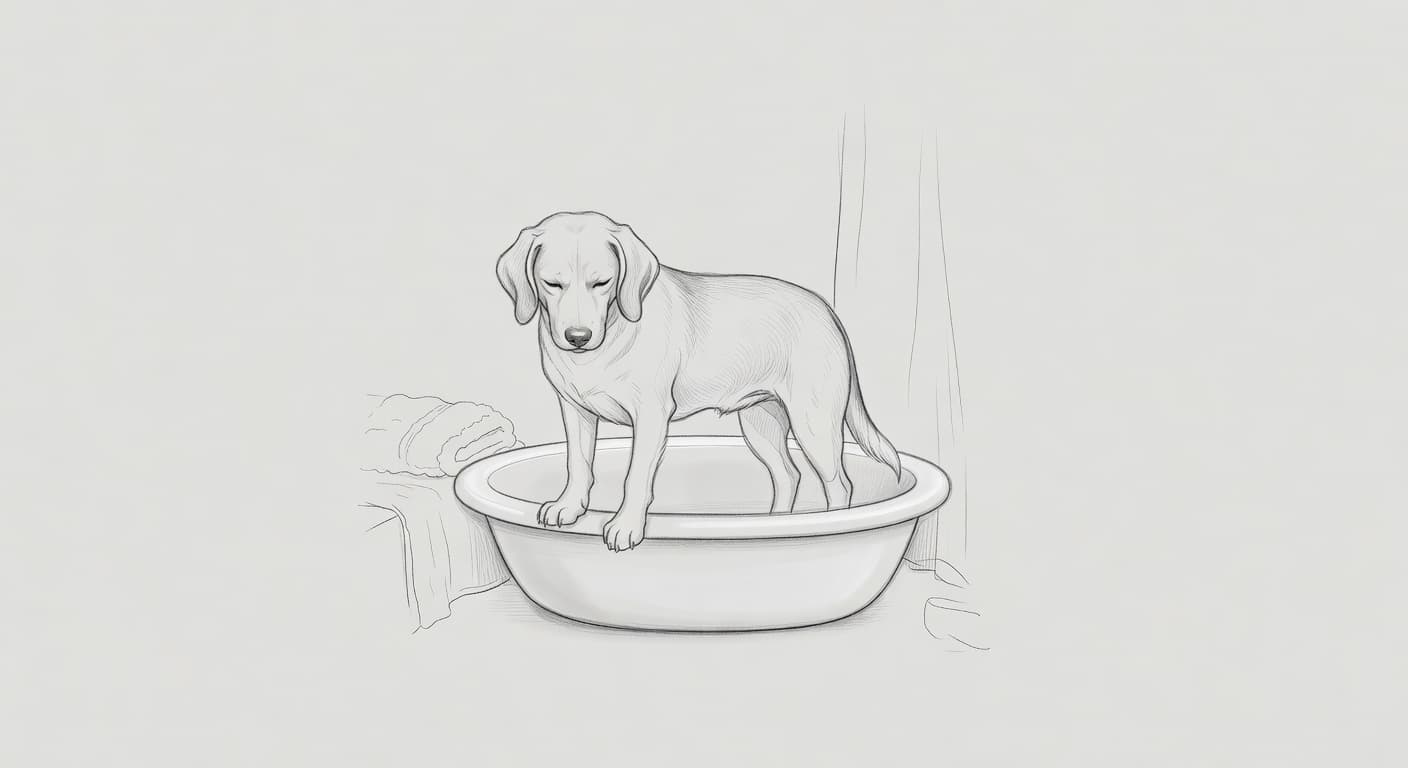 A detailed graphite sketch depicts a relaxed dog standing inside a deep porcelain sink. The artistic linework captures gentle textures, while soft shading creates a peaceful atmosphere for pet grooming.