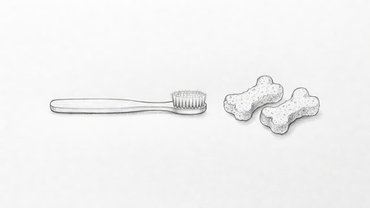 A detailed graphite drawing on plain paper features a small soft-bristled toothbrush positioned beside two distinct dental treats. The artist uses subtle shading and precise lines to define the dental care items.