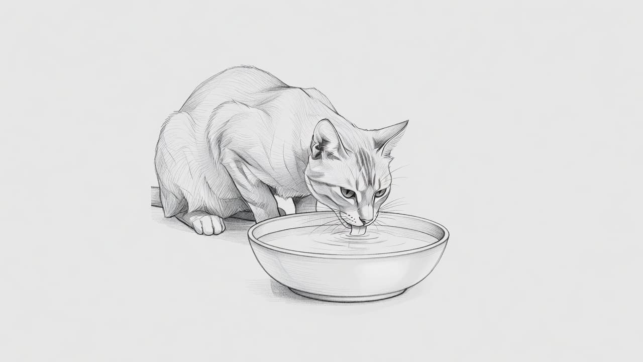 A graphite pencil sketch displays a cat leaning over a shallow ceramic bowl to drink water. Fine lines define the animal's posture against a clean, light gray background with subtle shading.