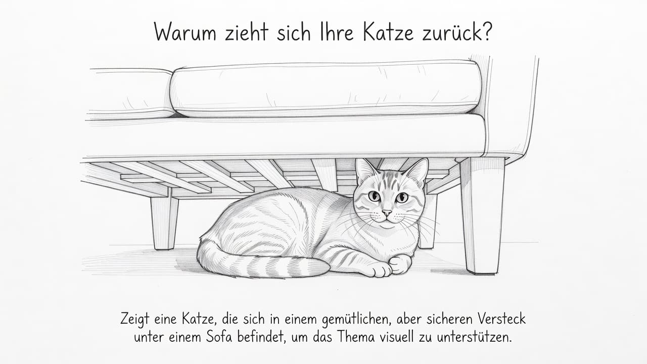 A detailed graphite pencil drawing shows a small cat curled tightly beneath the dark silhouette of a sofa. Soft cross-hatching adds dimension to the cat's fur against the stark white background.