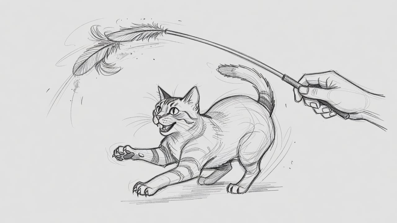 A graphite pencil sketch shows a lively cat leaping toward a feather toy. The artistic lines emphasize fluid motion against a soft gray background, capturing a moment of evening playful energy.