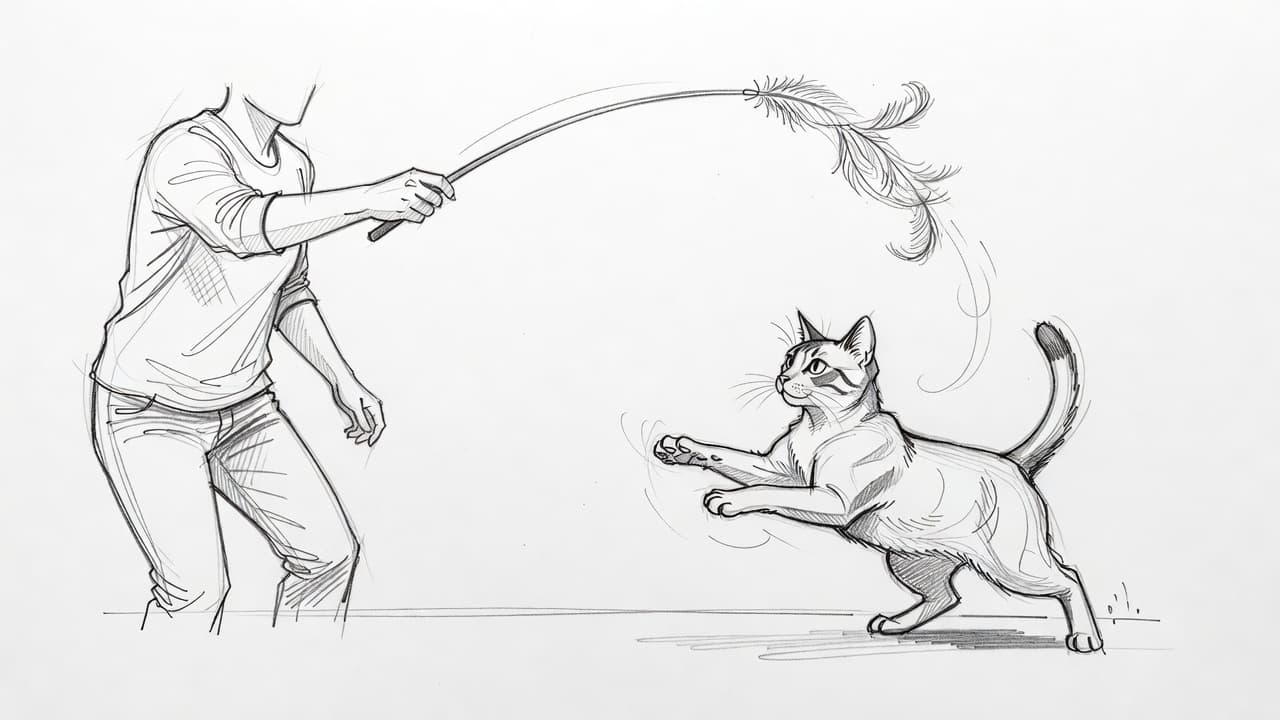 A graphite sketch depicts an owner dangling a feathered wand toy in front of a leaping cat. The scene captures dynamic movement against a stark, clean white paper background with light shading.