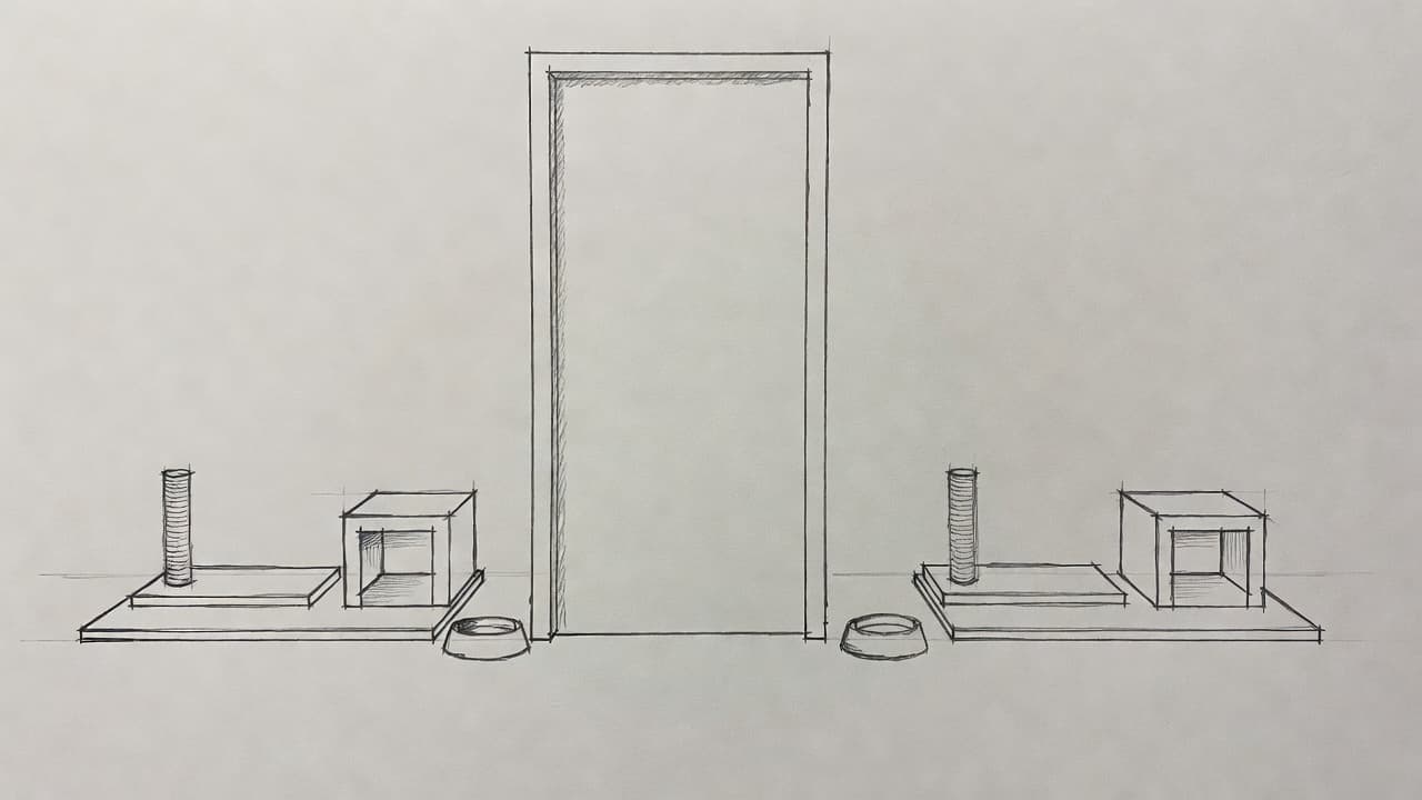 A minimalist graphite drawing on grey paper depicts two distinct feline spaces divided by a closed door. Two ceramic bowls sit on the floor, one positioned in each separate room area.
