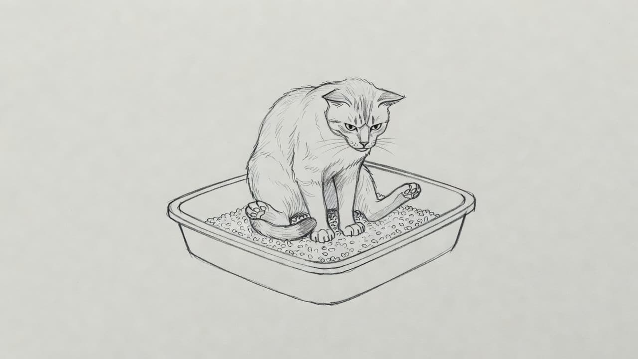 A detailed graphite pencil sketch on gray paper captures a feline sitting inside a plastic litter box. The cat displays a tense, strained posture, rendered with expressive lines and soft shading.
