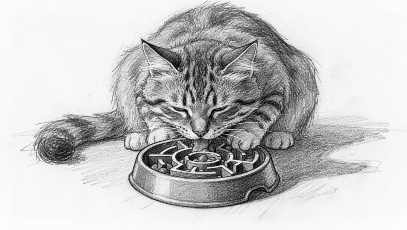 A sketch-style cat focused on consuming food from a complex labyrinth-shaped bowl. Fine graphite lines create detailed textures while soft shading highlights the feline's attentive posture against a crisp white background.