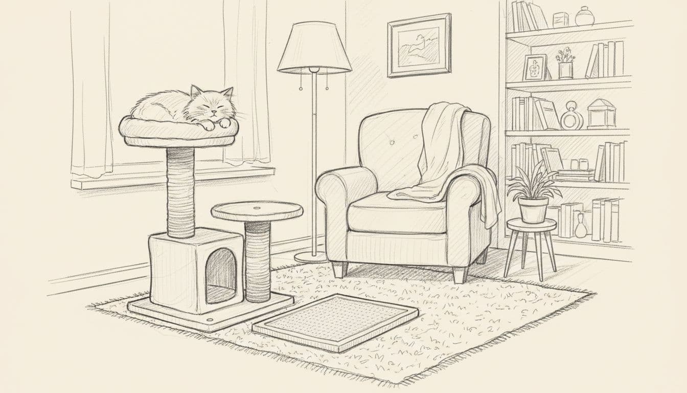 A graphite pencil sketch shows a tranquil living room corner with a small cat relaxing near a vertical scratching post and a flat floor mat, rendered with subtle light shading.