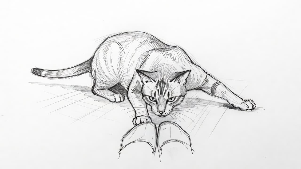 A detailed graphite pencil sketch depicts a cat in a low, focused hunting pose. The feline stares intently at human feet, captured on clean white paper with soft, precise shading textures.