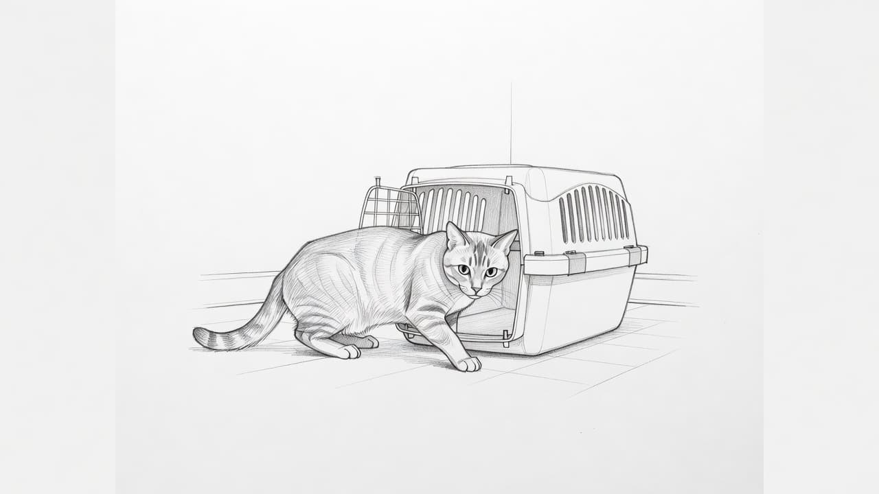 A graphite pencil sketch shows a feline curiously investigating an open, inviting travel crate on a white floor. The drawing features soft shading and delicate linework to capture the cat's interest.