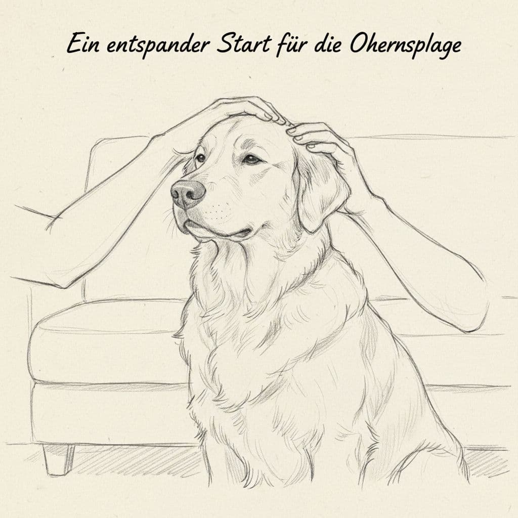 A graphite pencil sketch shows a person calmly tending to a dog's ears on light paper. The focus is on the trusting bond as the pet sits quietly during the care.