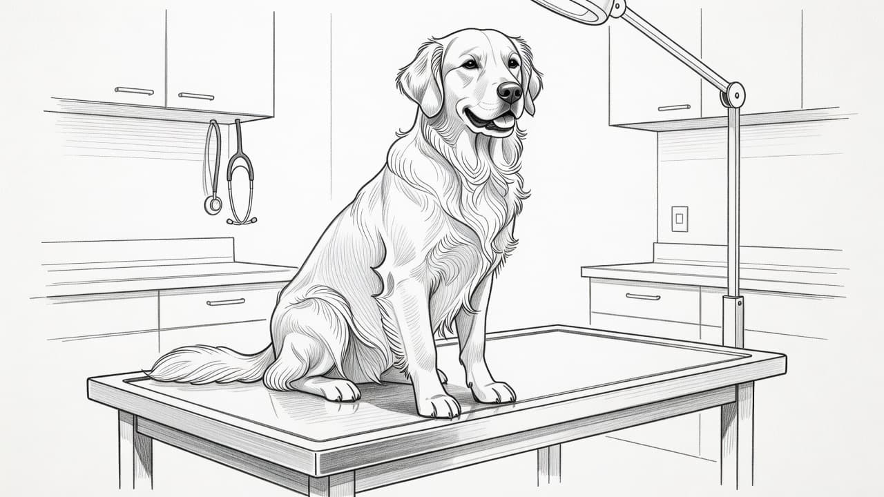 A detailed charcoal sketch depicts a small dog sitting calmly on a stainless steel examination table. Soft graphite shading highlights the animal's fur against the stark, clean white paper background.