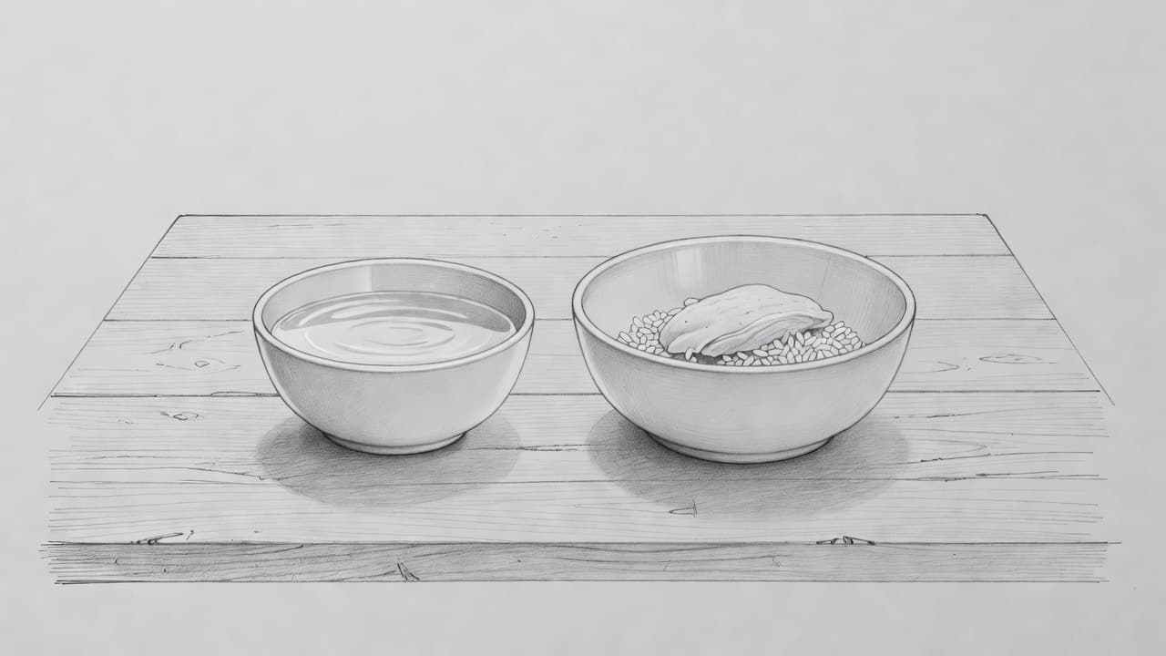 A graphite drawing features two small ceramic bowls sitting on a kitchen table. One bowl contains water, while the second bowl holds a portion of plain chicken and white rice.