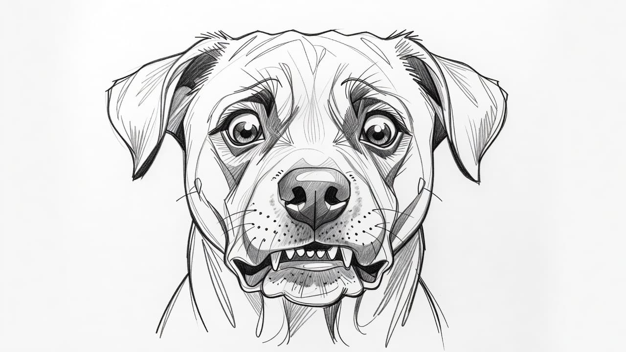 Diese detaillierte Graphitzeichnung zeigt das Gesicht eines Hundes mit ausdrucksstarker, schmerzgezeichneter Mimik. Die feinen Bleistiftstriche heben sich kontrastreich vom hellen Hintergrund ab und fangen eine tief emotionale, beunruhigende Stimmung für den Betrachter ein.