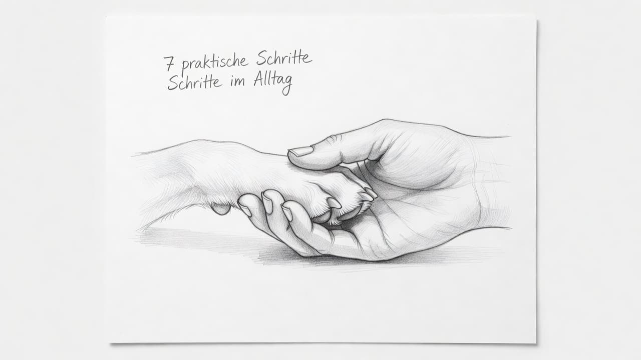 Delicate pencil strokes highlight a human hand carefully holding a dog's paw against a plain white background. The drawing focuses entirely on the gentle tactile interaction between person and pet.