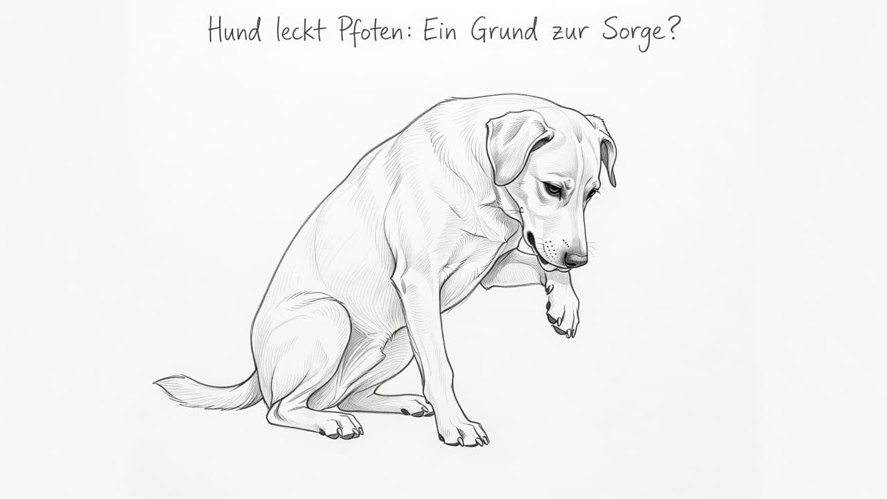 A detailed graphite drawing depicts a dog sitting on a clean white background while intently observing its own paw. Fine pencil strokes and delicate shading define the animal's relaxed posture.