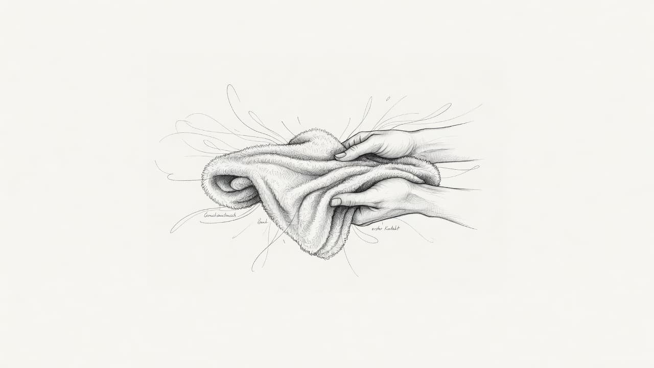 Two hands gently cradle a soft, rumpled cat blanket in a detailed graphite drawing. The focus remains on the texture of the fabric folds against a stark, light background.