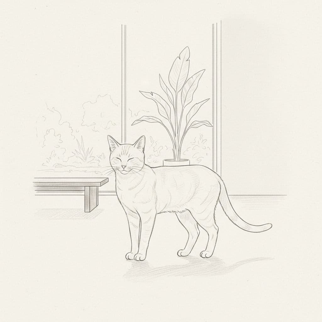 A minimalist hand-drawn illustration depicts a cat standing peacefully on a clean floor. The sketch uses delicate graphite linework and soft shading against a neutral, off-white paper textured background.