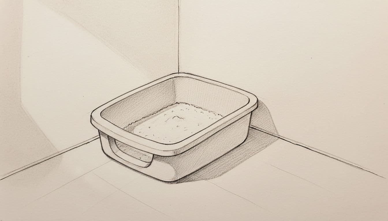 A clean, hand-drawn graphite illustration displays a simple litter box positioned in a quiet room corner. Soft shading highlights the functional tray against the clean, sparse background of the sketch.