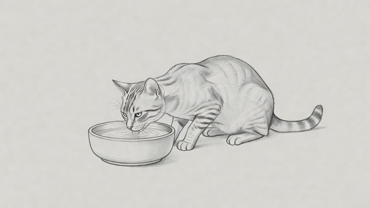A detailed graphite pencil sketch on gray paper depicts a cat lapping water from a modest ceramic bowl. The composition uses delicate cross-hatching and simple line work to define the form.
