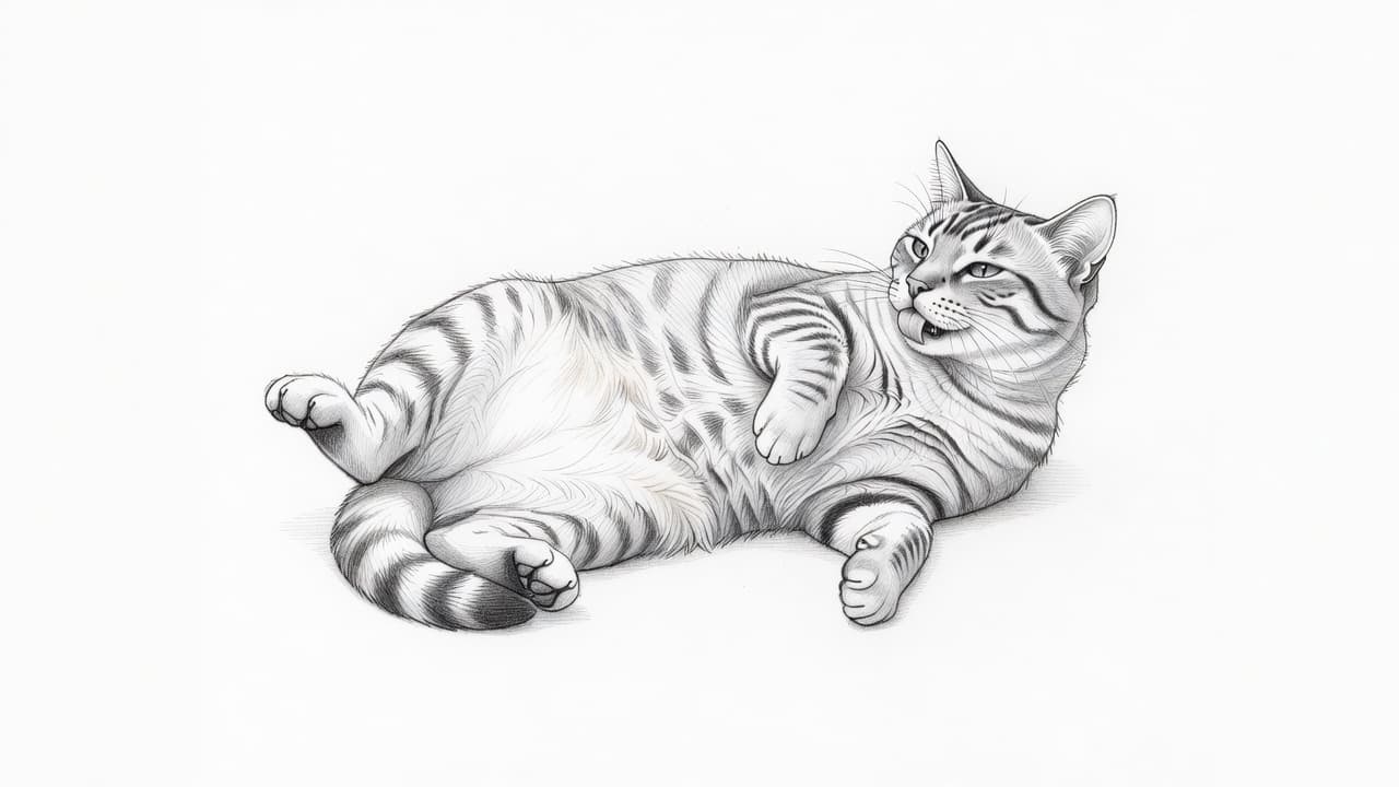 A detailed graphite sketch depicts a house cat sitting upright while meticulously licking its fur. Soft shading highlights the feline silhouette against a clean, textured white paper background with artistic pencil lines.