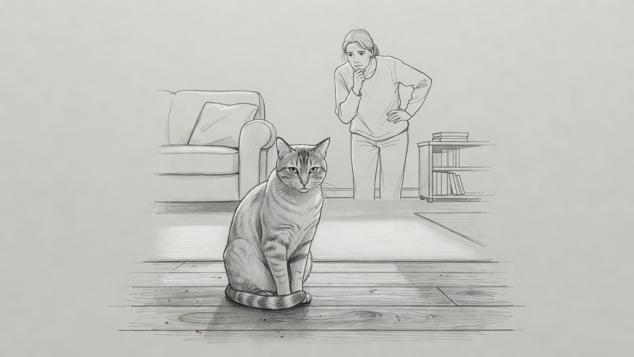 A detailed graphite drawing depicts a cat sitting quietly on wooden floorboards. In the background, a person stands back, observing the feline to assess its well-being in the peaceful room.