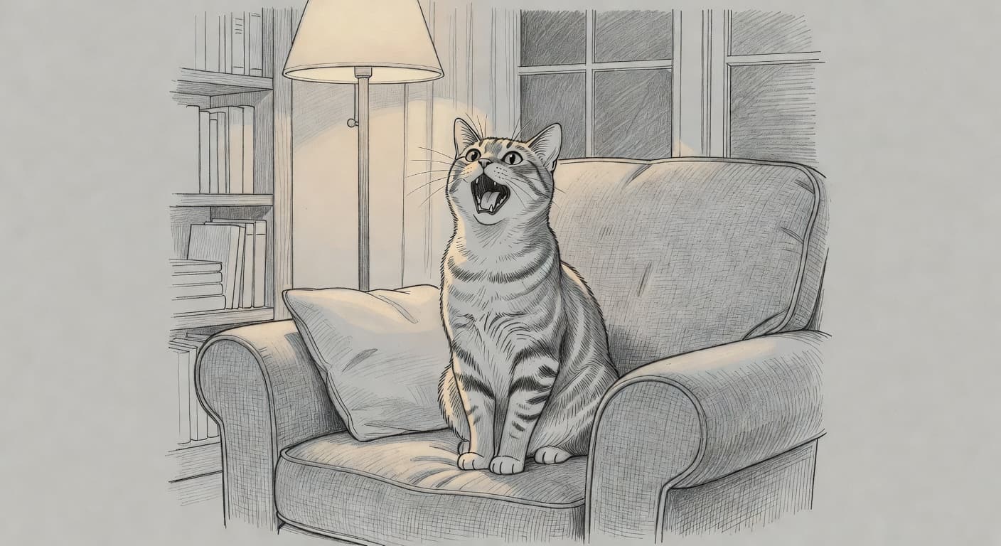 A graphite sketch of a cat sits on a textured floor, looking upward with its mouth open. The surrounding cozy living room is rendered in soft, delicate linework on light gray paper.