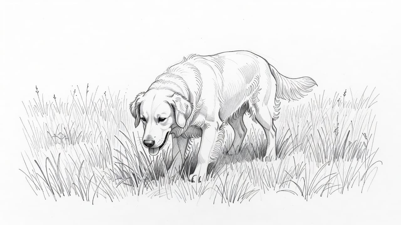 A detailed graphite pencil sketch depicts a friendly dog standing in a lush meadow. The animal lowers its snout to sniff the blades of grass against a clean white background.