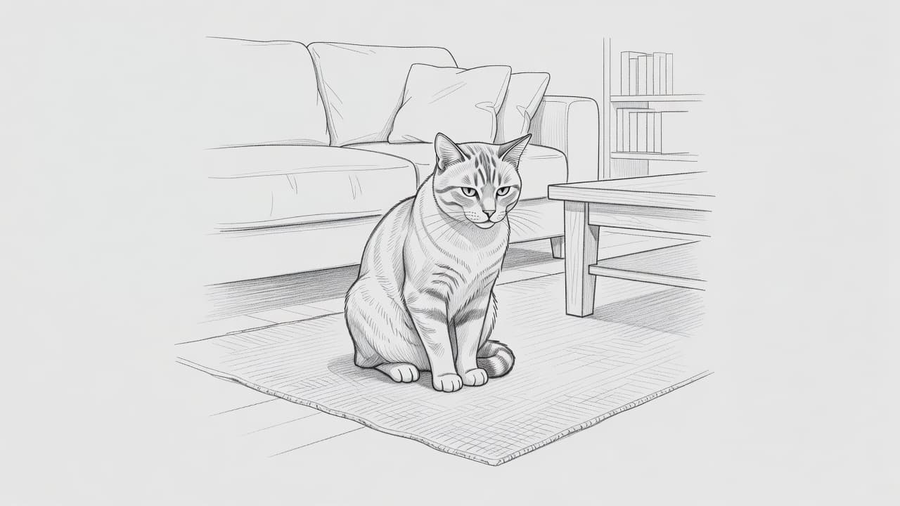 A detailed graphite sketch depicts a relaxed cat sitting on a woven rug within a quiet living room setting. Soft shading highlights the feline silhouette against a clean, light gray background.