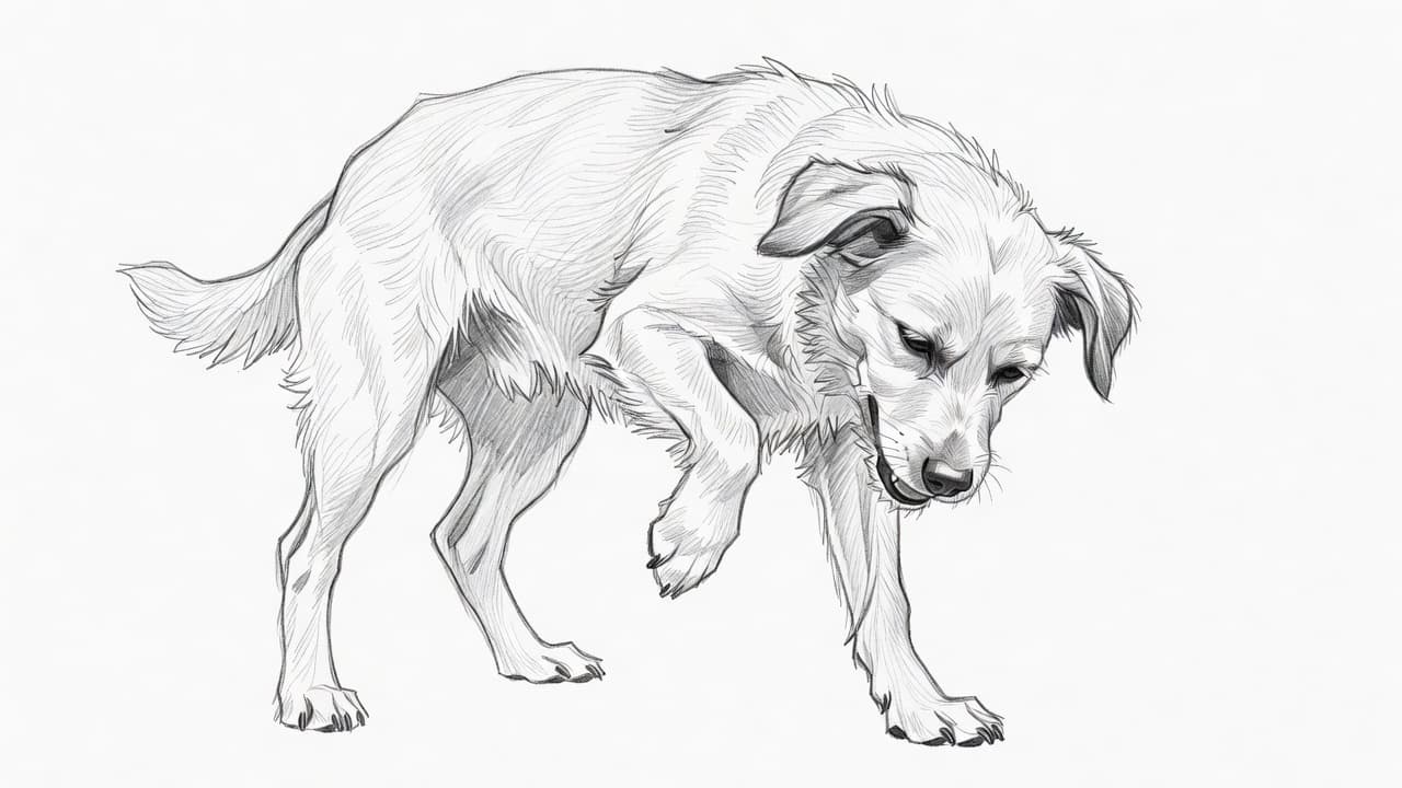 Eine detaillierte Skizze zeigt einen Hund in Seitenansicht, der sein Ohr mit einer Pfote kratzt. Die feinen Bleistiftstriche heben sich kontrastreich vom hellen, weißen Papier ab und erzeugen ein lebendiges, natürliches Motiv.