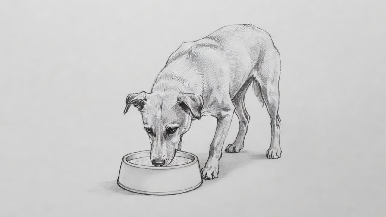 Diese feine Bleistiftzeichnung zeigt einen Hund, der aufmerksam aus einem Wassernapf trinkt. Die grafischen Linien auf hellem Hintergrund heben die konzentrierte Haltung des Tieres und die kreisfoermige Struktur des Napfes hervor.