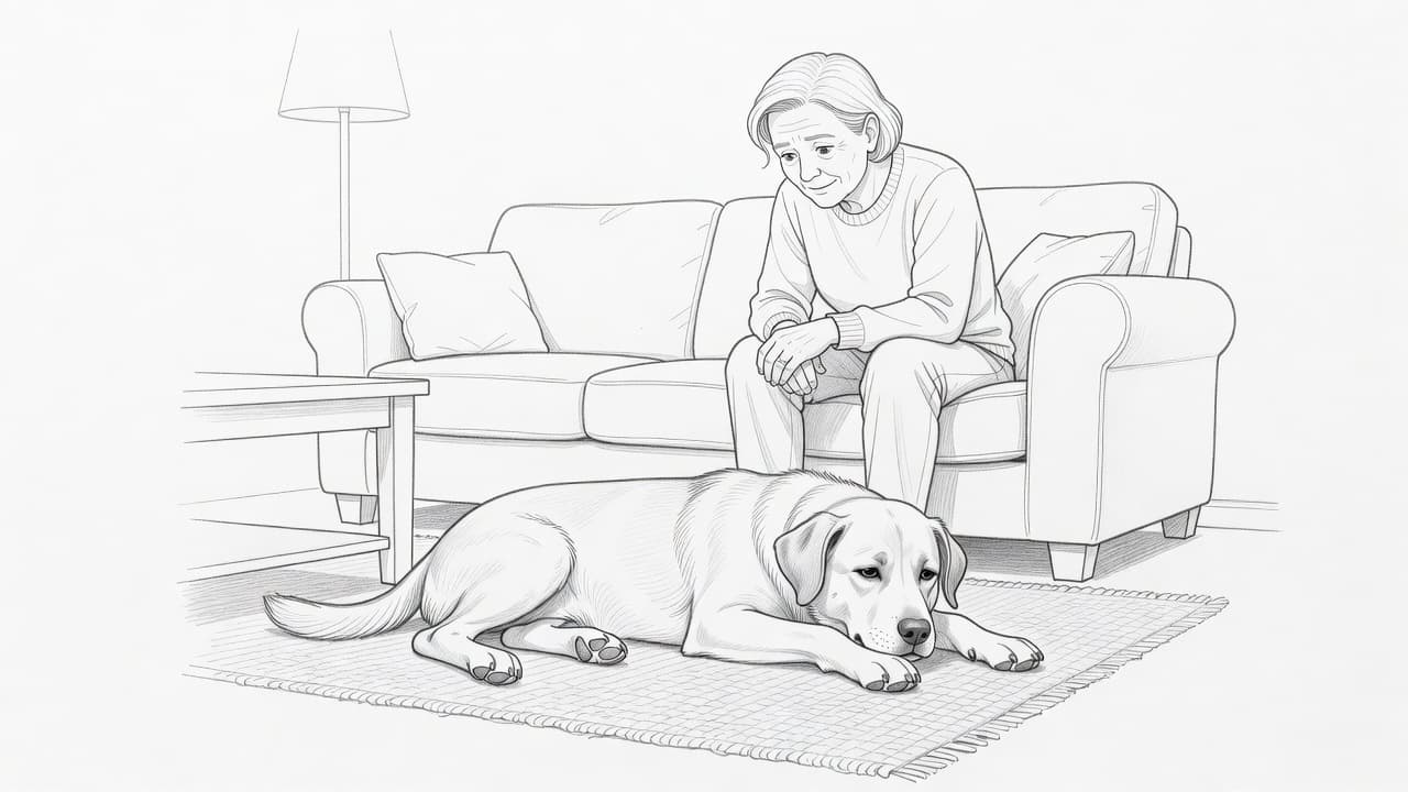 Eine grafische Bleistiftzeichnung zeigt einen aufmerksamen Menschen, der einen erschöpften Hund beim Ausruhen im Wohnzimmer beobachtet. Die Szene ist durch feine Linien und dezente Schattierungen auf weißem Papier geprägt.