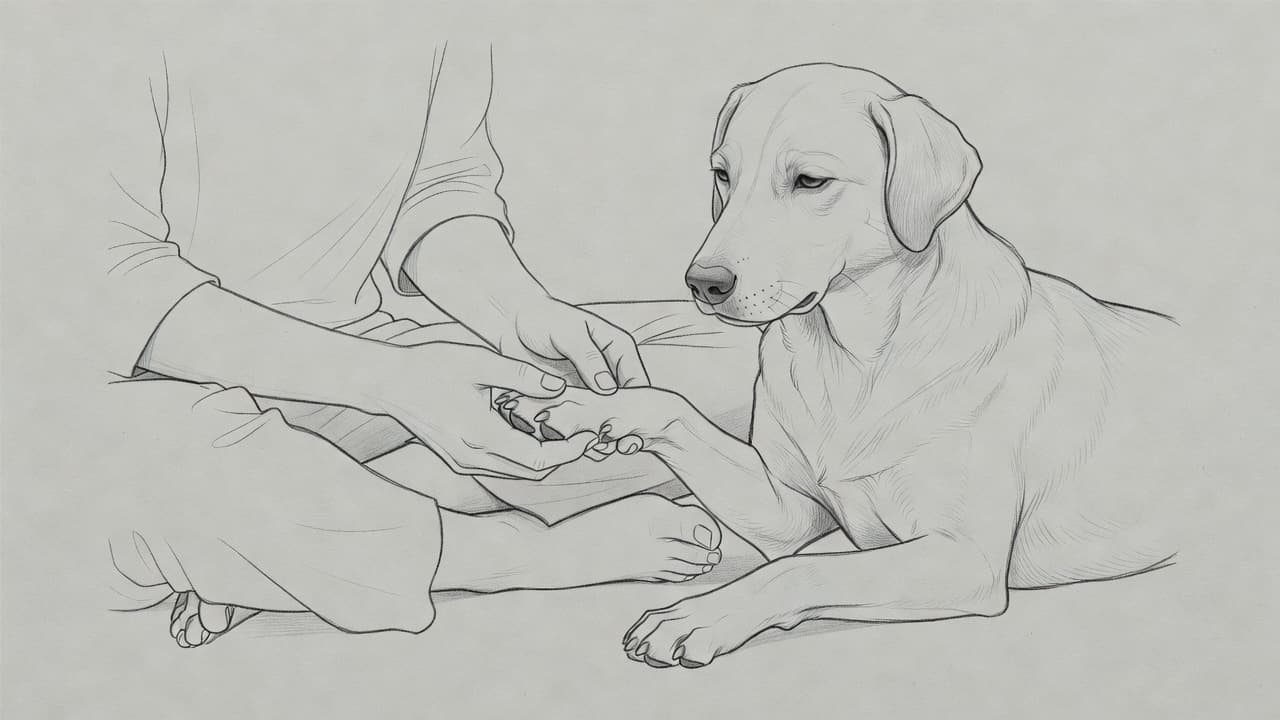 Eine Person sitzt auf dem Boden und hält sanft die Pfote eines ruhigen Hundes in den Händen. Die Skizze zeigt detaillierte Linien und weiche Schattierungen, während beide entspannt auf dem Boden verweilen.