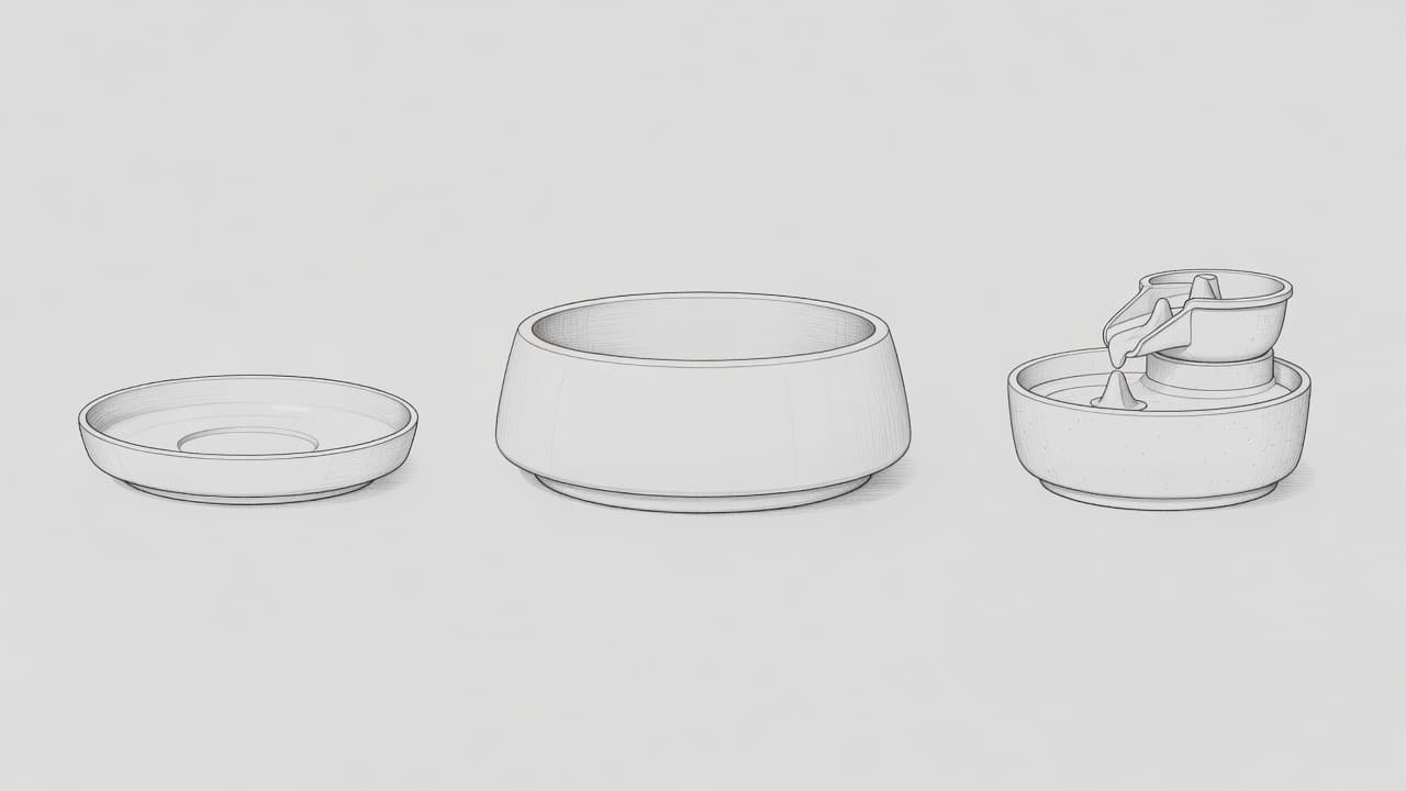 Eine flache Untertasse, eine breite Keramikschale und ein kleiner Trinkbrunnen sind in feinen Graphitlinien gezeichnet. Die Objekte stehen auf einer hellgrauen Fläche und zeigen verschiedene Möglichkeiten der Wasseraufnahme für Haustiere.